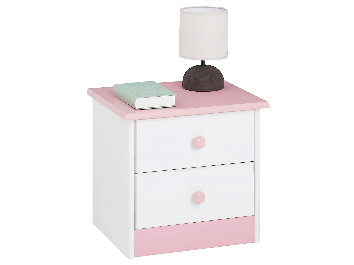 Table de chevet RONDO avec 2 tiroirs, table de nuit en pin massif, chevet en bois lasuré blanc et rose