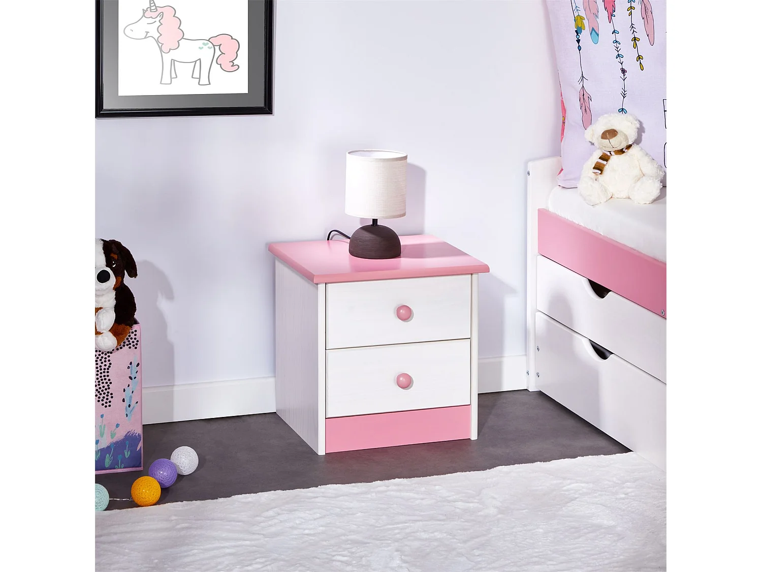 Table de chevet RONDO avec 2 tiroirs, table de nuit en pin massif, chevet en bois lasuré blanc et rose