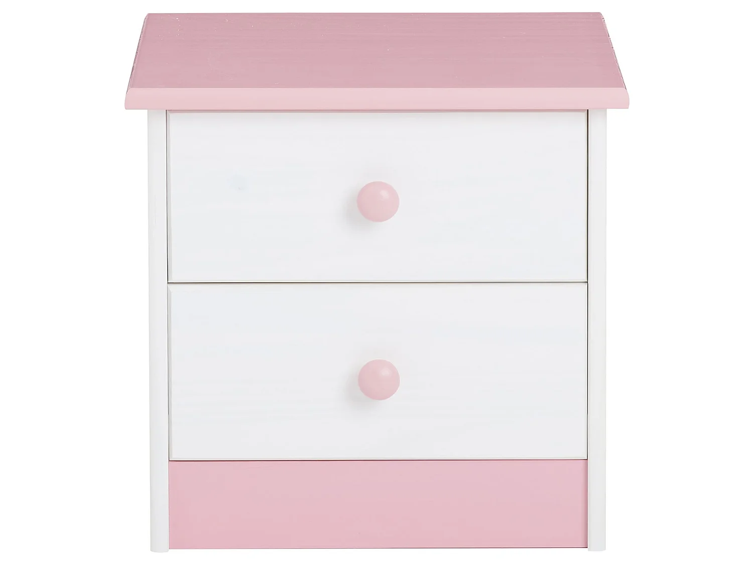 Table de chevet RONDO avec 2 tiroirs, table de nuit en pin massif, chevet en bois lasuré blanc et rose