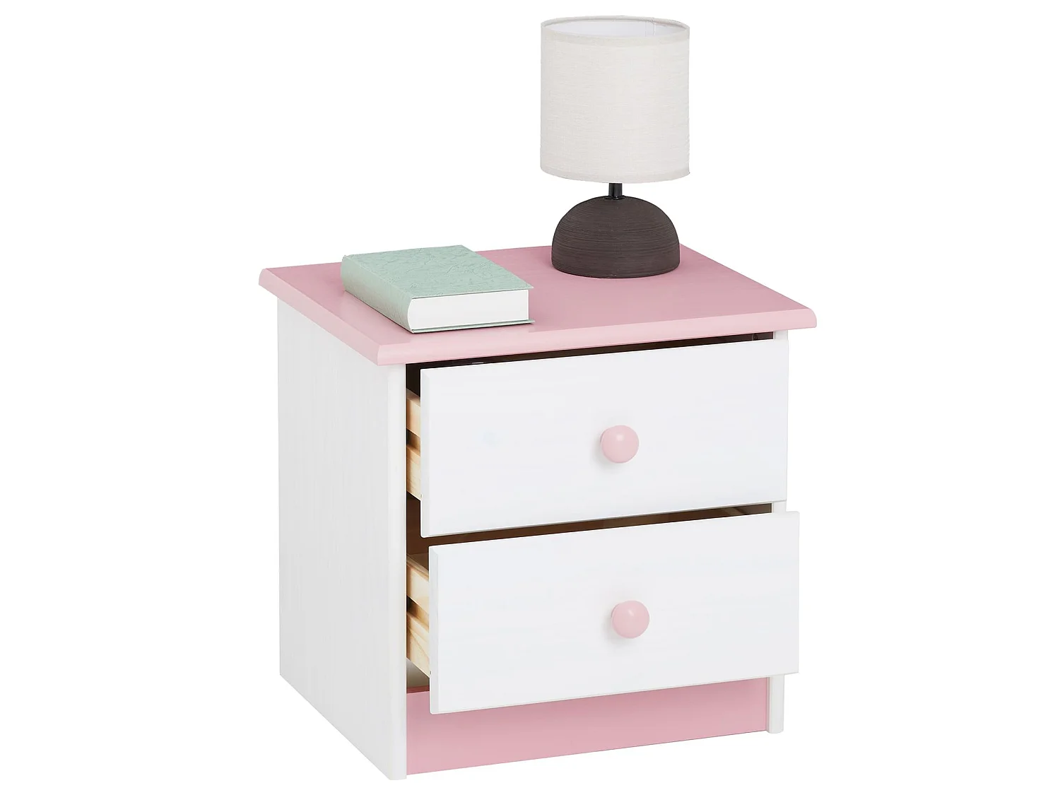 Table de chevet RONDO avec 2 tiroirs, table de nuit en pin massif, chevet en bois lasuré blanc et rose