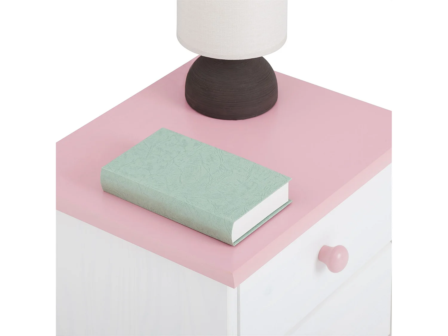 Table de chevet RONDO avec 2 tiroirs, table de nuit en pin massif, chevet en bois lasuré blanc et rose