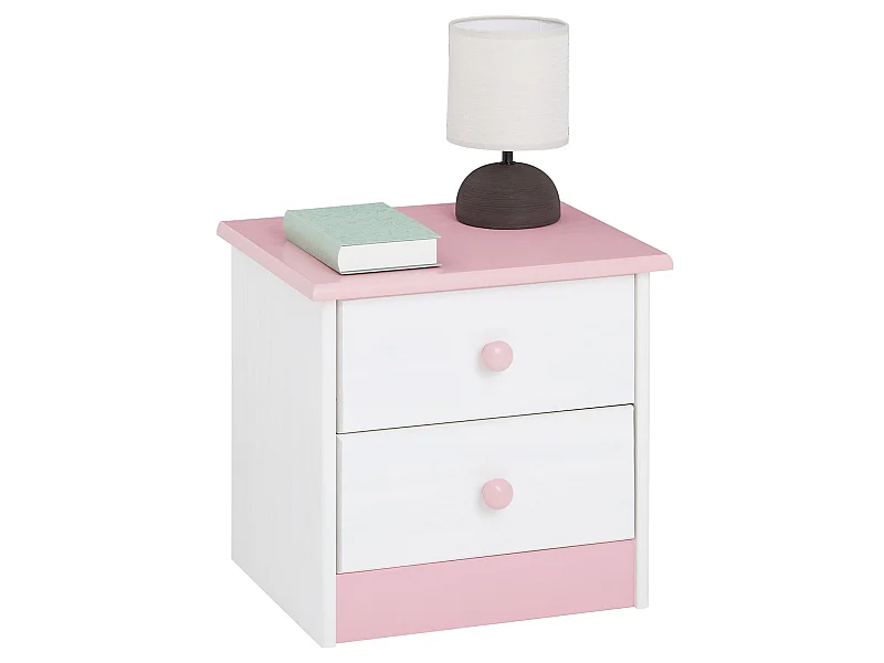 Table de chevet RONDO avec 2 tiroirs, table de nuit en pin massif, chevet en bois lasuré blanc et rose