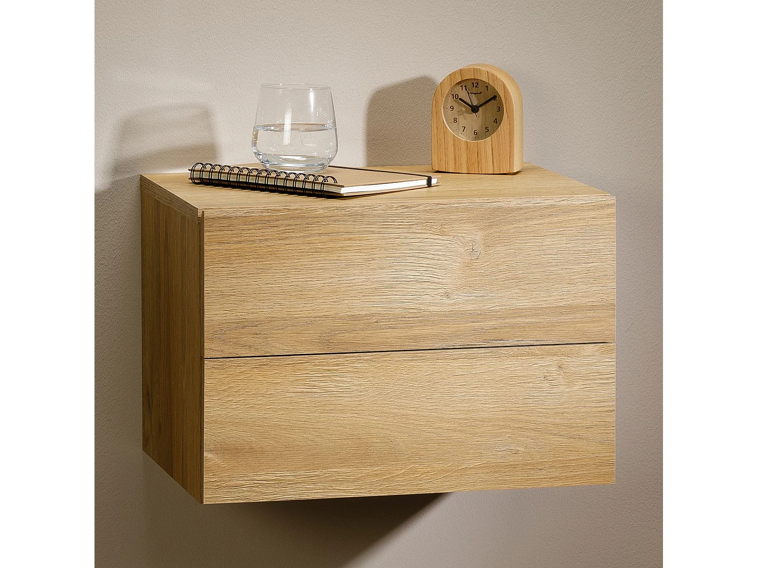 Chevet suspendu FLORENT, étagère murale avec 2 tiroirs sans poignée, en mélaminé décor chêne sauvage