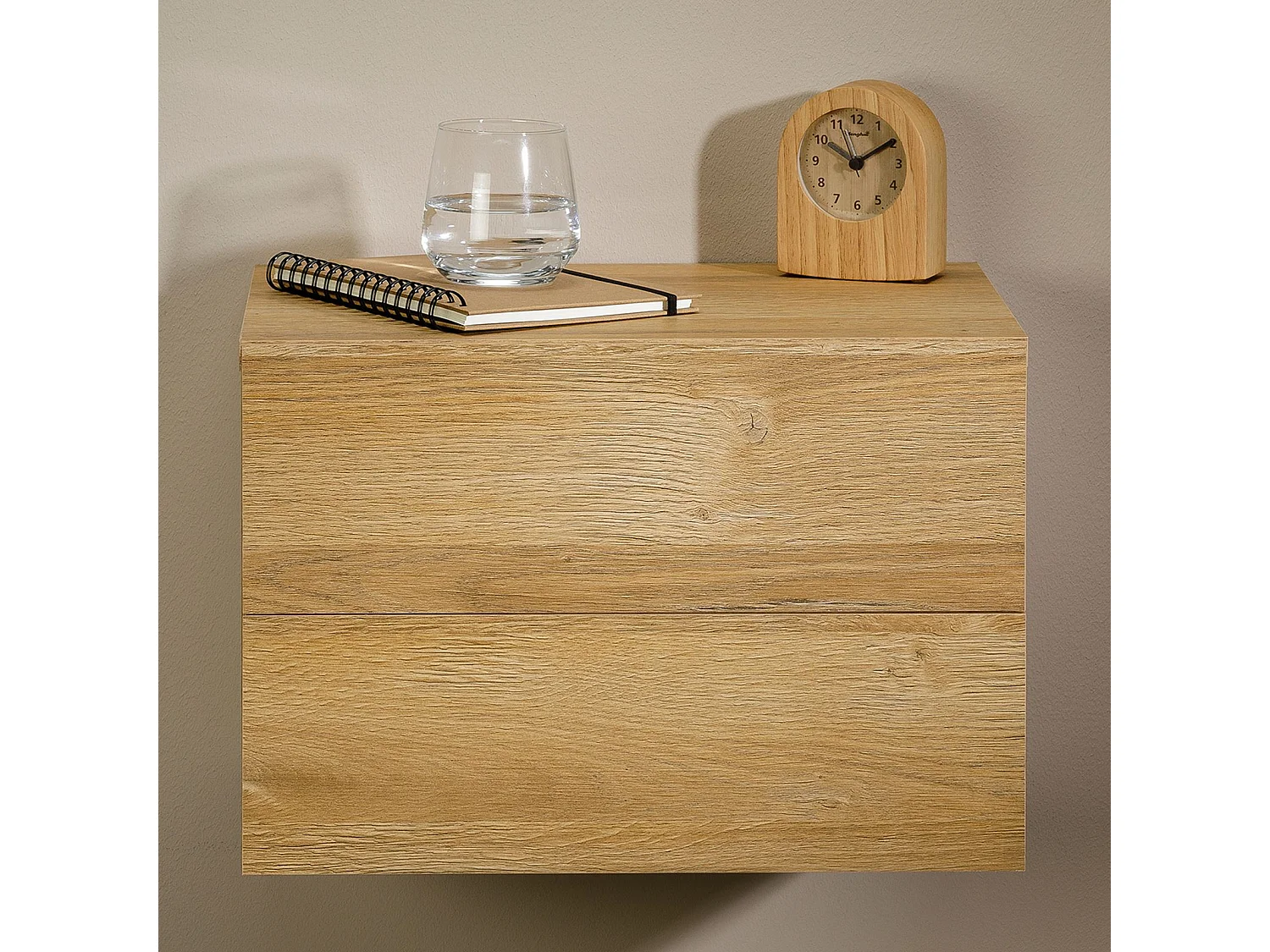 Chevet suspendu FLORENT, étagère murale avec 2 tiroirs sans poignée, en mélaminé décor chêne sauvage