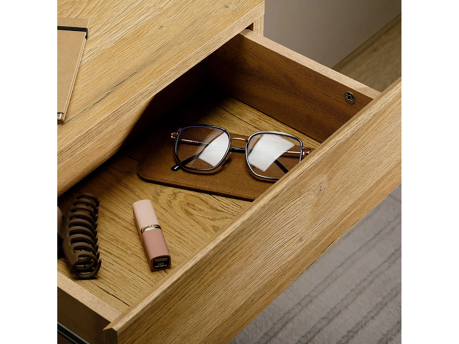 Chevet suspendu FLORENT, étagère murale avec 2 tiroirs sans poignée, en mélaminé décor chêne sauvage