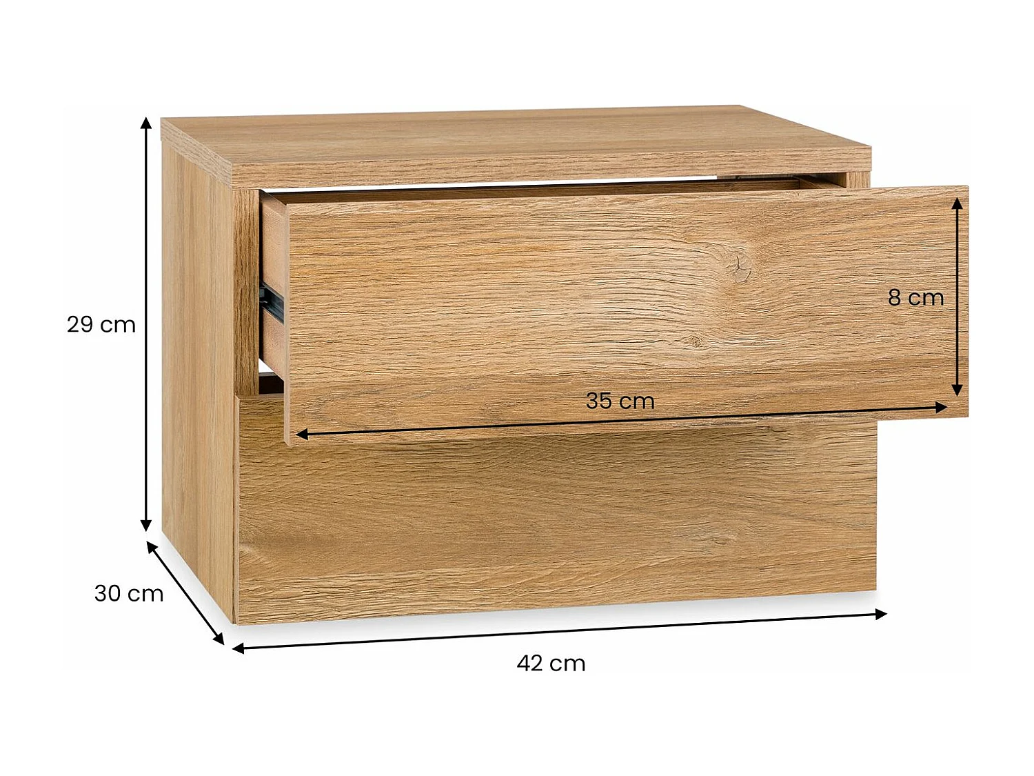 Chevet suspendu FLORENT, étagère murale avec 2 tiroirs sans poignée, en mélaminé décor chêne sauvage