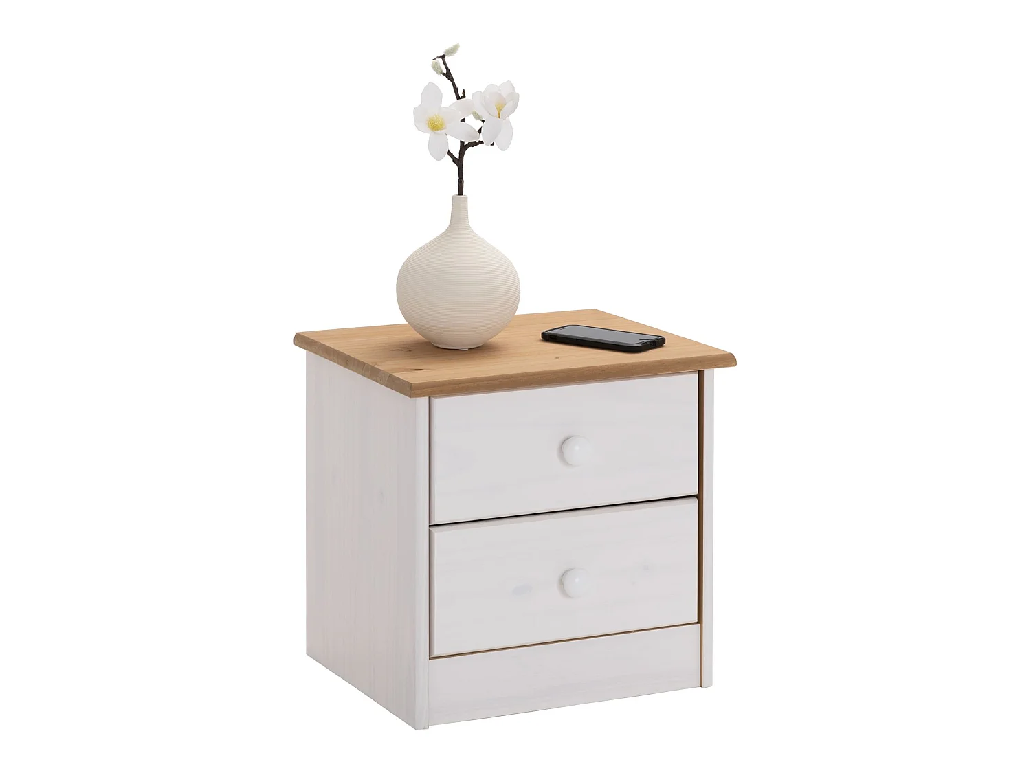 Table de chevet RONDO avec 2 tiroirs, table de nuit en pin massif, chevet en bois lasuré blanc et brun