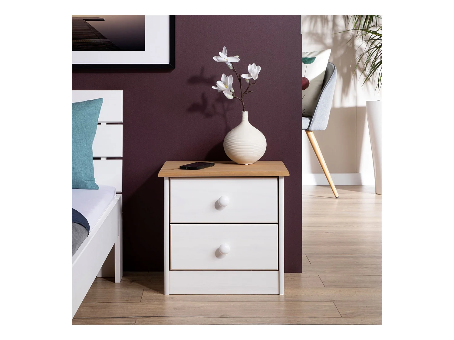 Table de chevet RONDO avec 2 tiroirs, table de nuit en pin massif, chevet en bois lasuré blanc et brun