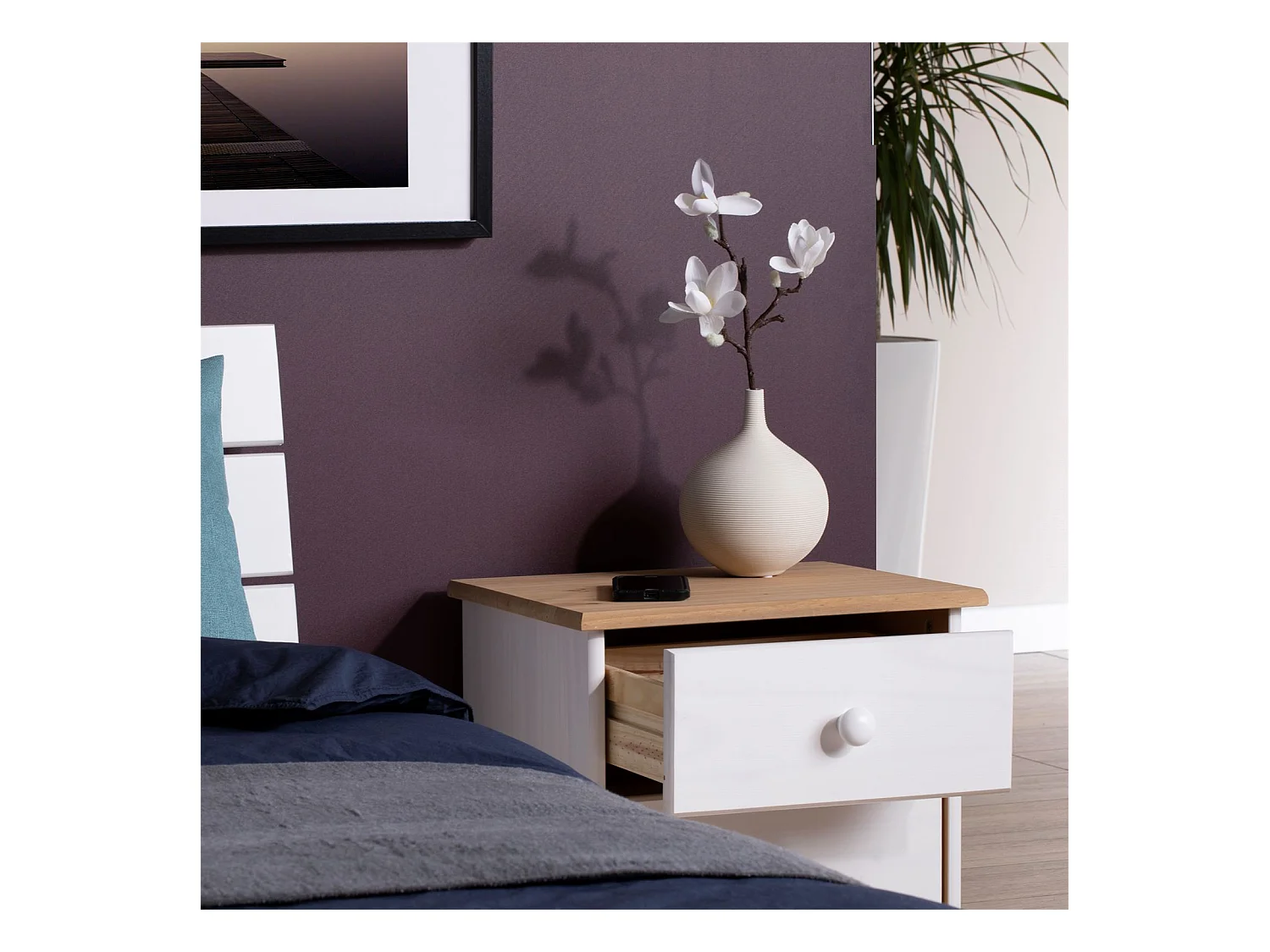 Table de chevet RONDO avec 2 tiroirs, table de nuit en pin massif, chevet en bois lasuré blanc et brun