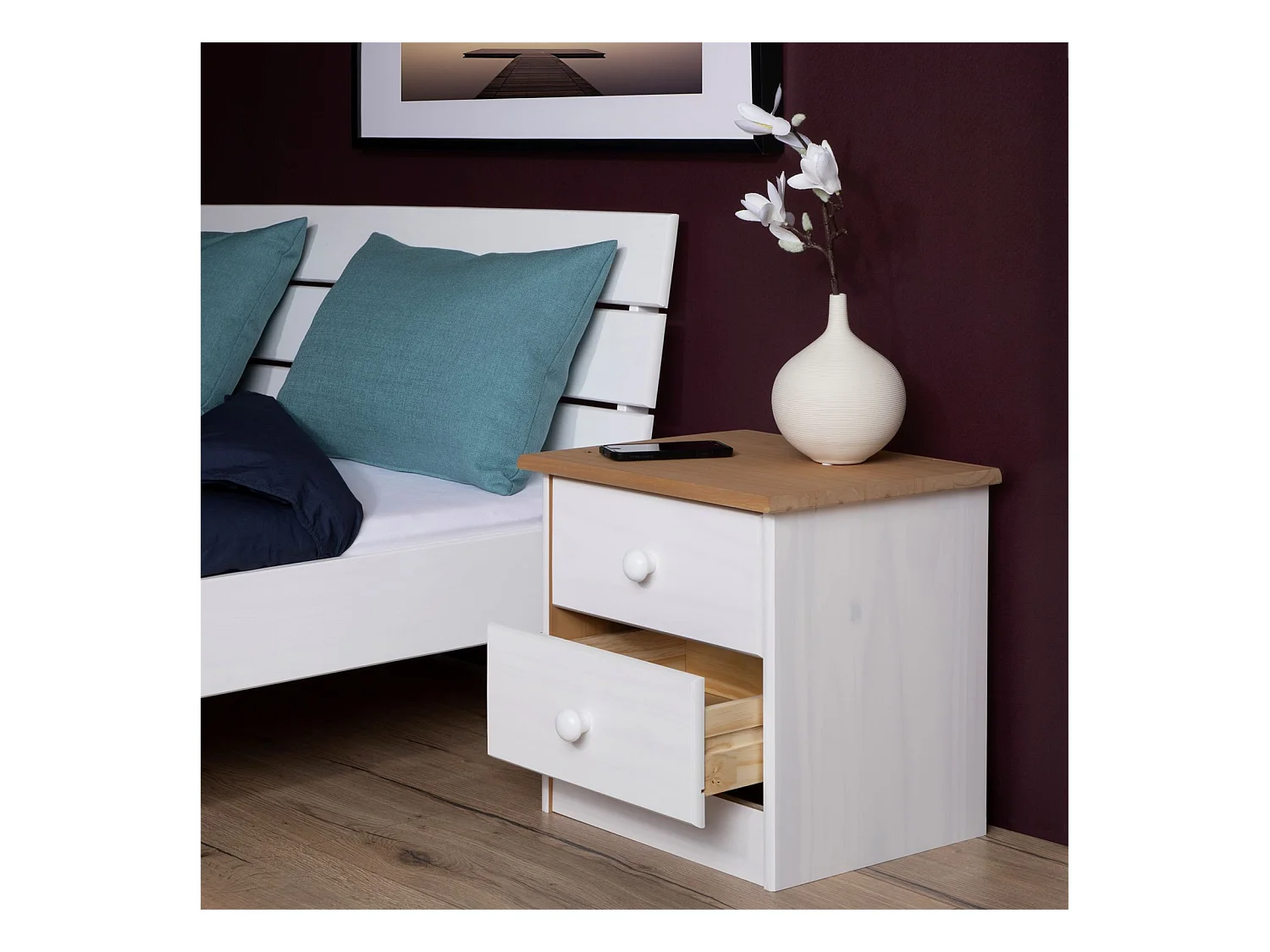 Table de chevet RONDO avec 2 tiroirs, table de nuit en pin massif, chevet en bois lasuré blanc et brun