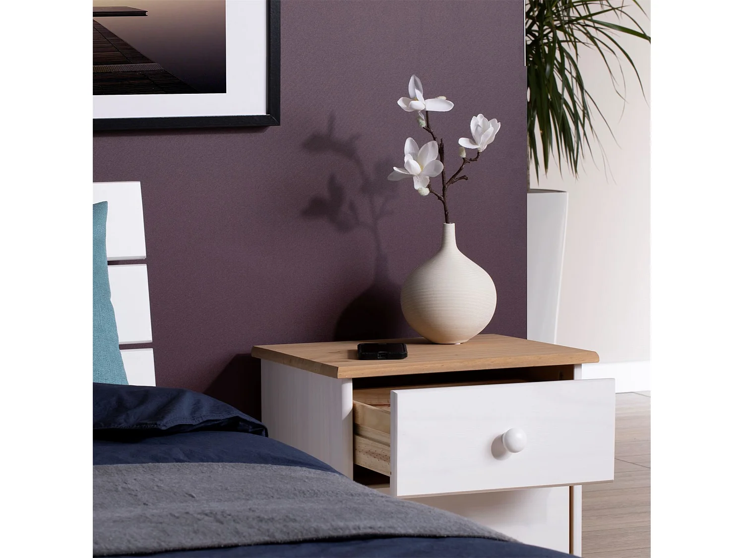 Table de chevet RONDO avec 2 tiroirs, table de nuit en pin massif, chevet en bois lasuré blanc et brun