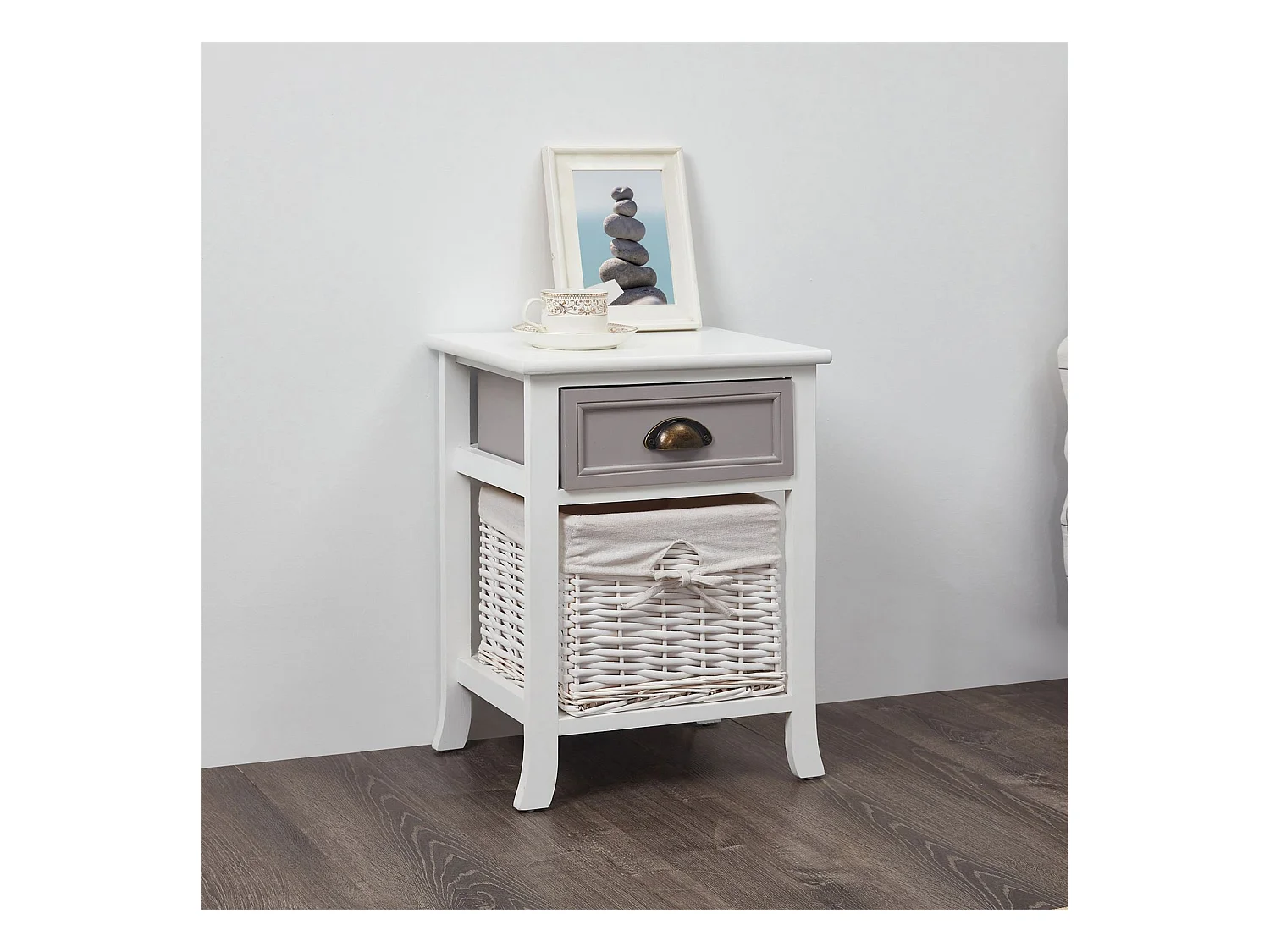 Table de chevet TOSCANA table de nuit 1 tiroir et 1 panier en bois de paulownia style shabby chic vintage rustique campagnard blanc