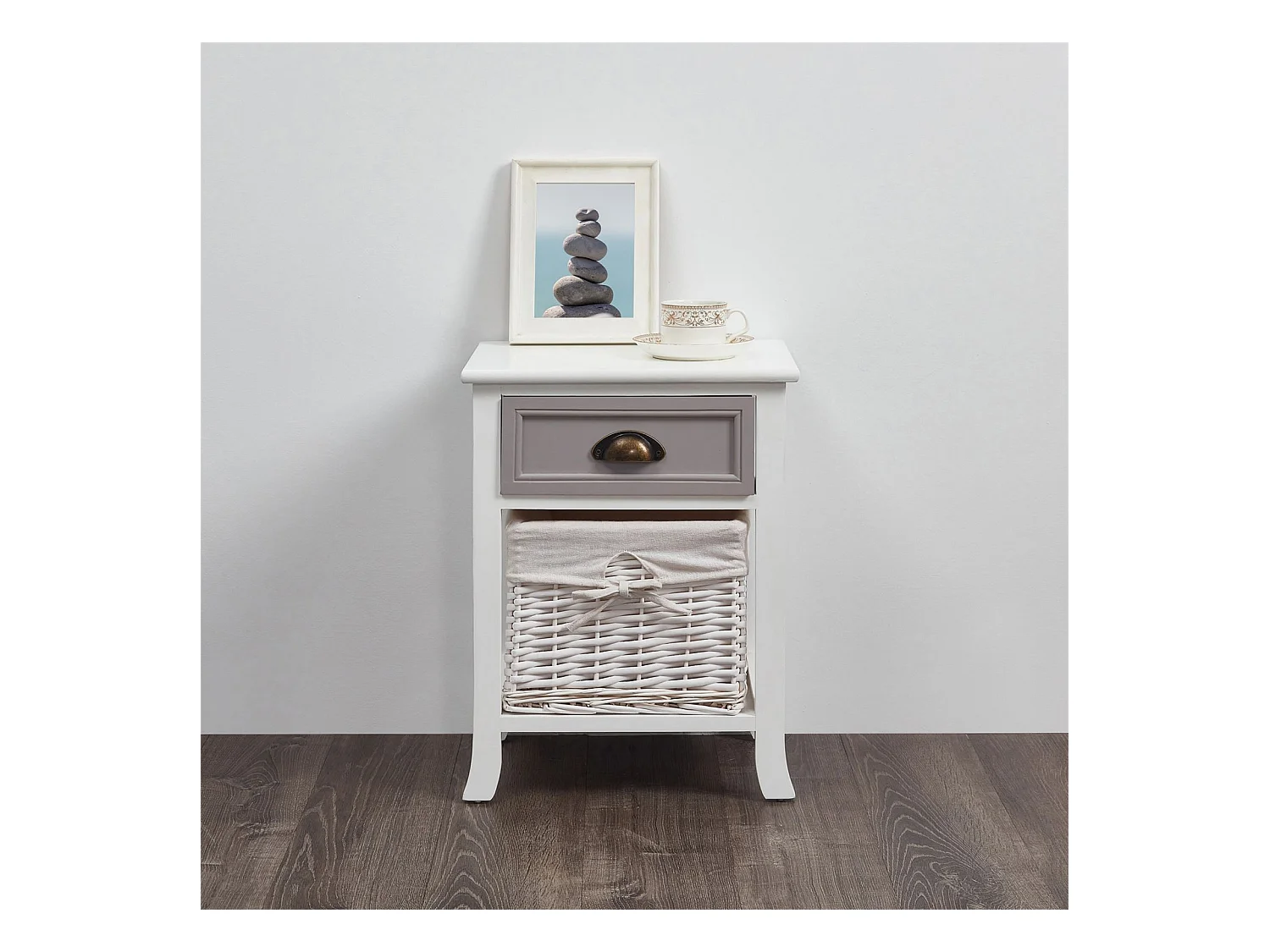 Table de chevet TOSCANA table de nuit 1 tiroir et 1 panier en bois de paulownia style shabby chic vintage rustique campagnard blanc