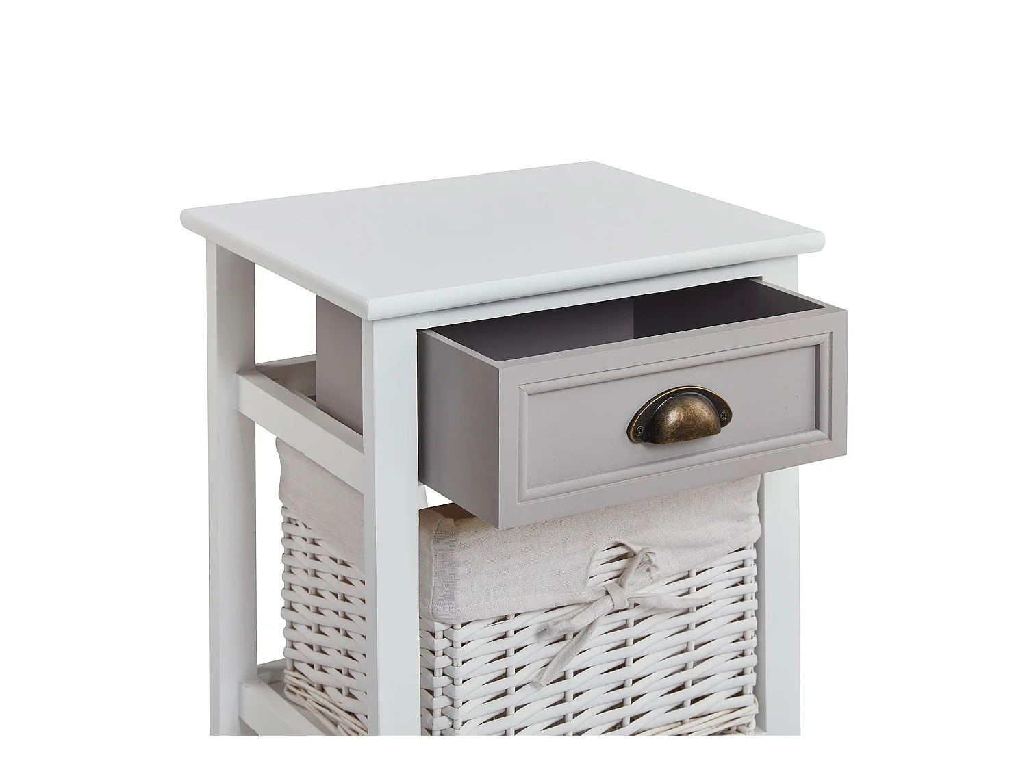 Table de chevet TOSCANA table de nuit 1 tiroir et 1 panier en bois de paulownia style shabby chic vintage rustique campagnard blanc