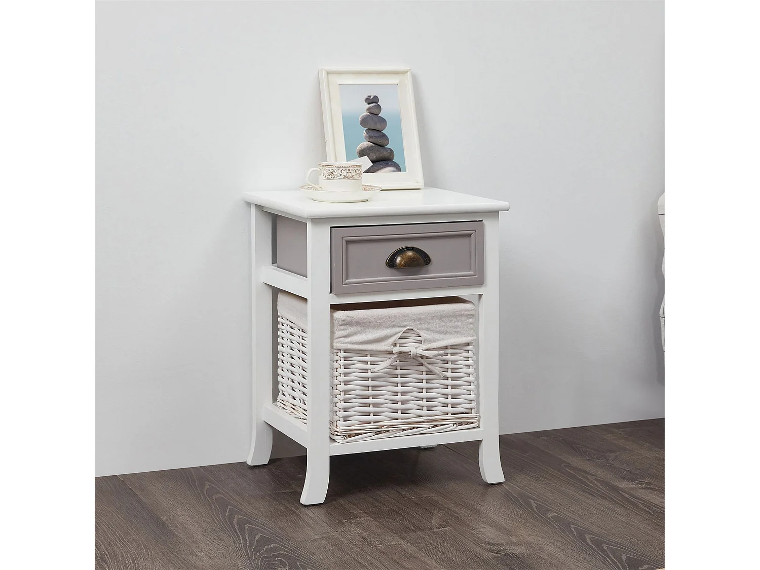 Table de chevet TOSCANA table de nuit 1 tiroir et 1 panier en bois de paulownia style shabby chic vintage rustique campagnard blanc