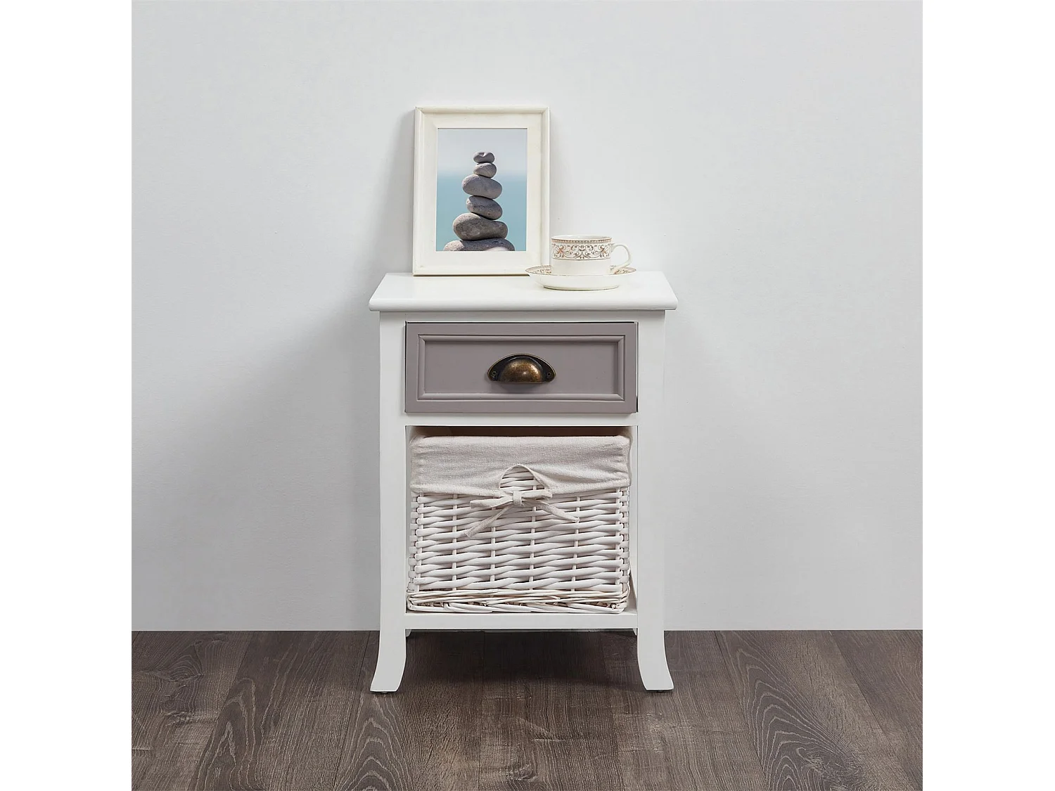 Table de chevet TOSCANA table de nuit 1 tiroir et 1 panier en bois de paulownia style shabby chic vintage rustique campagnard blanc