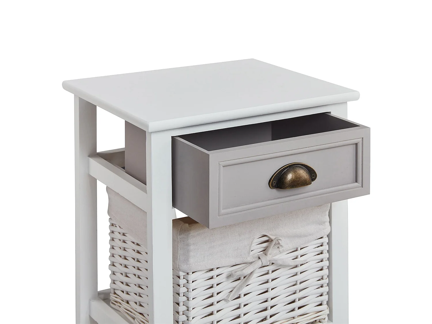 Table de chevet TOSCANA table de nuit 1 tiroir et 1 panier en bois de paulownia style shabby chic vintage rustique campagnard blanc