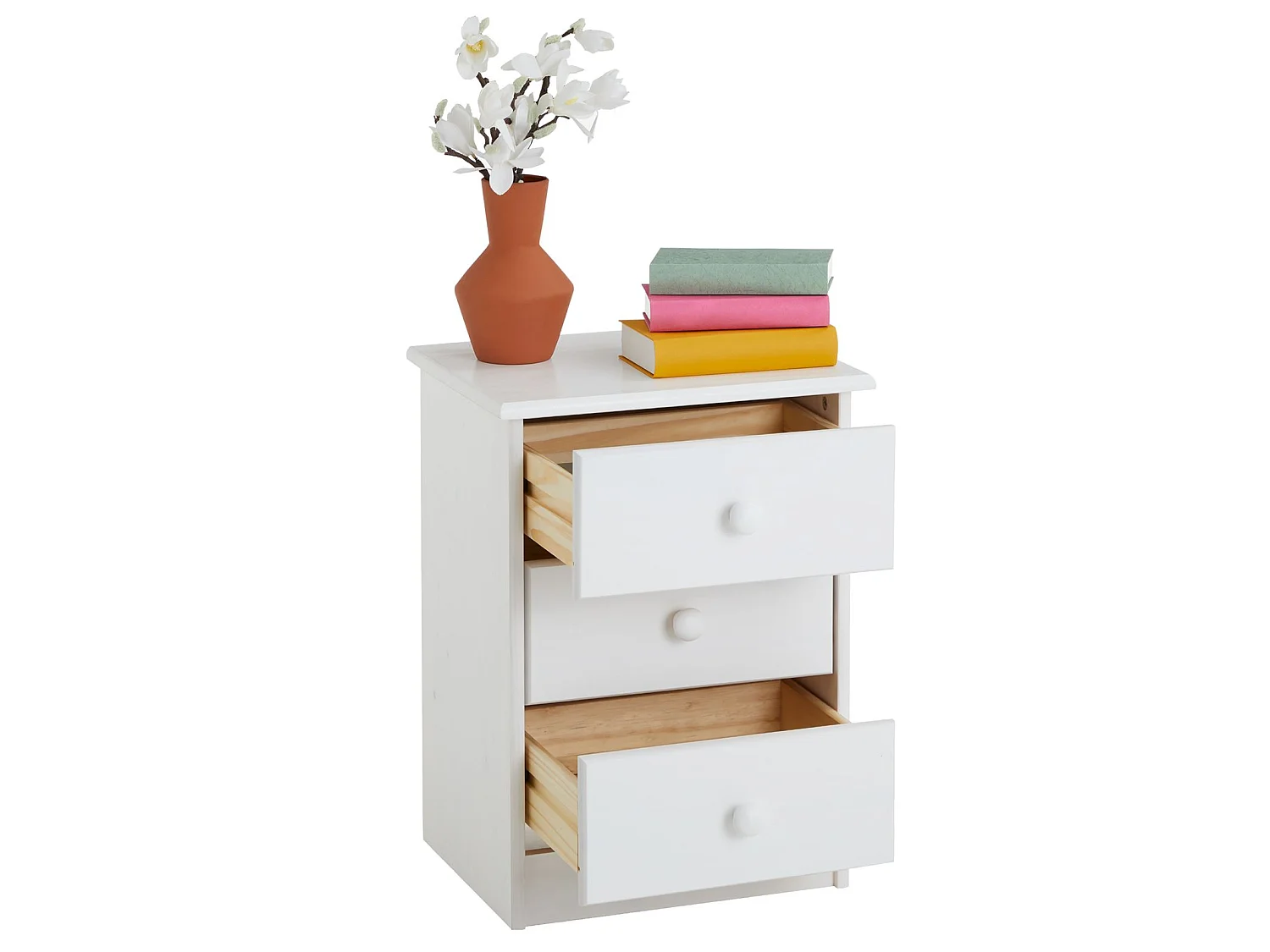 Table de chevet RONDO table de nuit avec 3 tiroirs en pin massif lasuré blanc