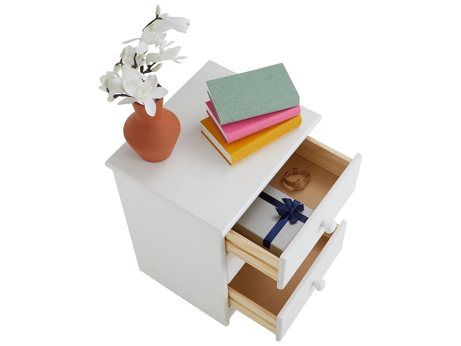 Table de chevet RONDO table de nuit avec 3 tiroirs en pin massif lasuré blanc