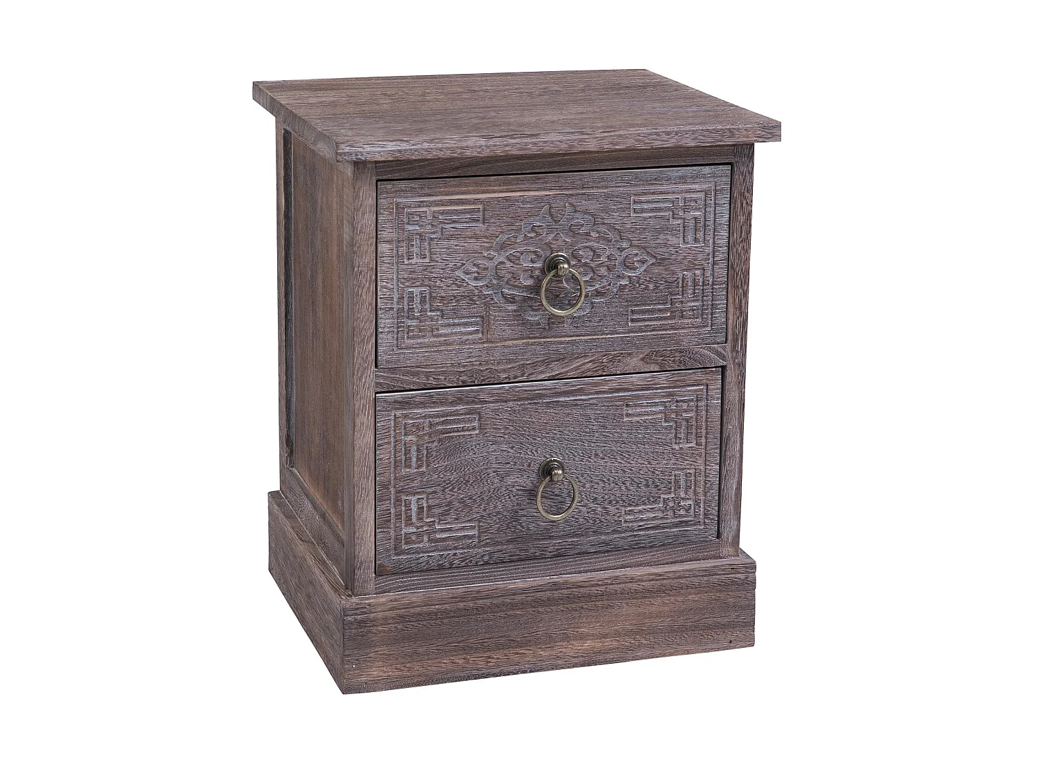 Table de chevet ENZO table de nuit avec 2 tiroirs, en bois de paulownia brun gris style vintage ethnique bohême avec gravures