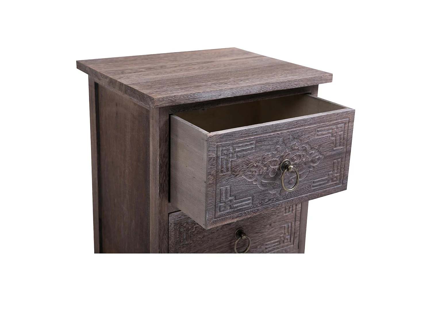 Table de chevet ENZO table de nuit avec 2 tiroirs, en bois de paulownia brun gris style vintage ethnique bohême avec gravures