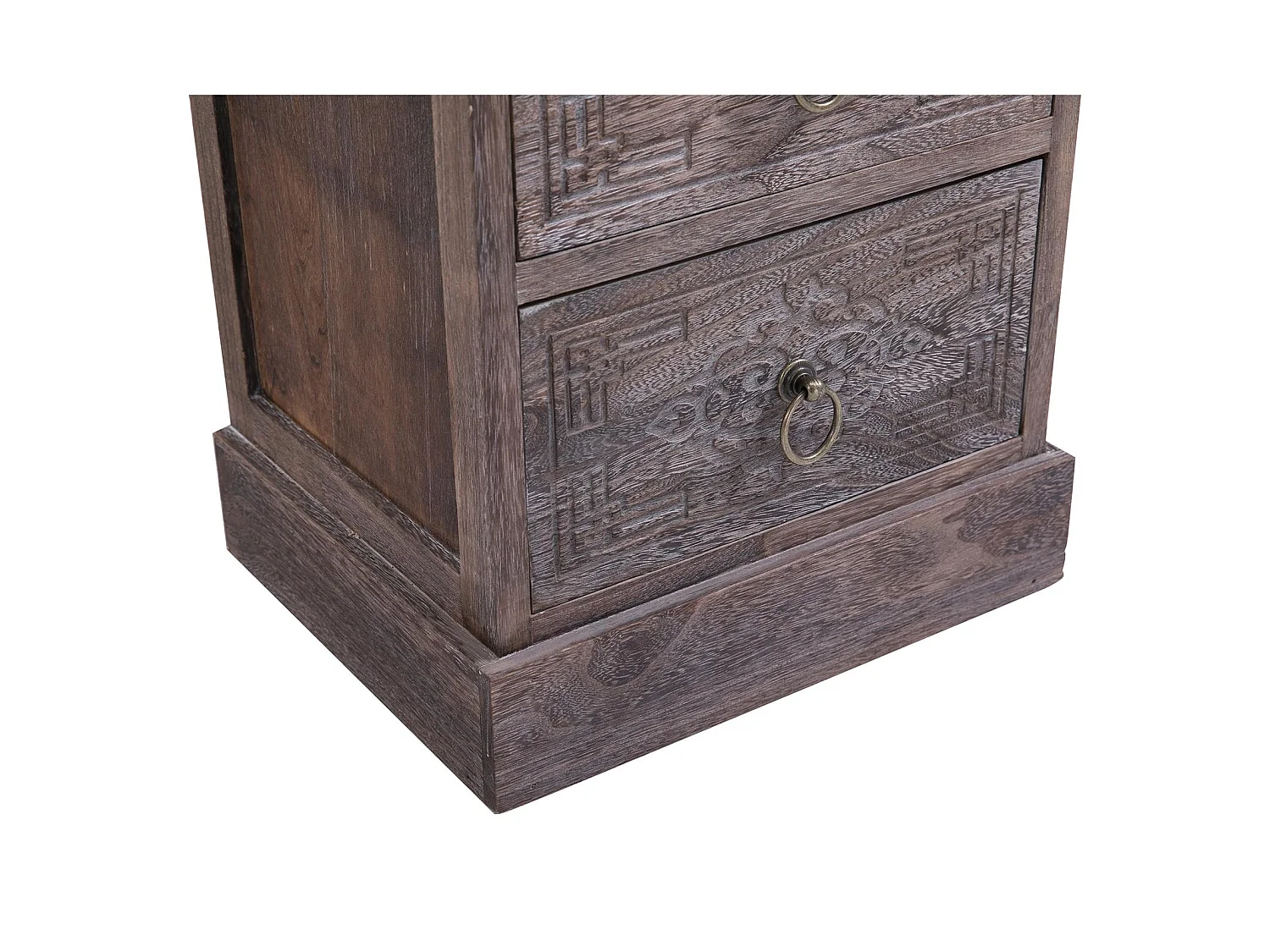 Table de chevet ENZO table de nuit avec 2 tiroirs, en bois de paulownia brun gris style vintage ethnique bohême avec gravures