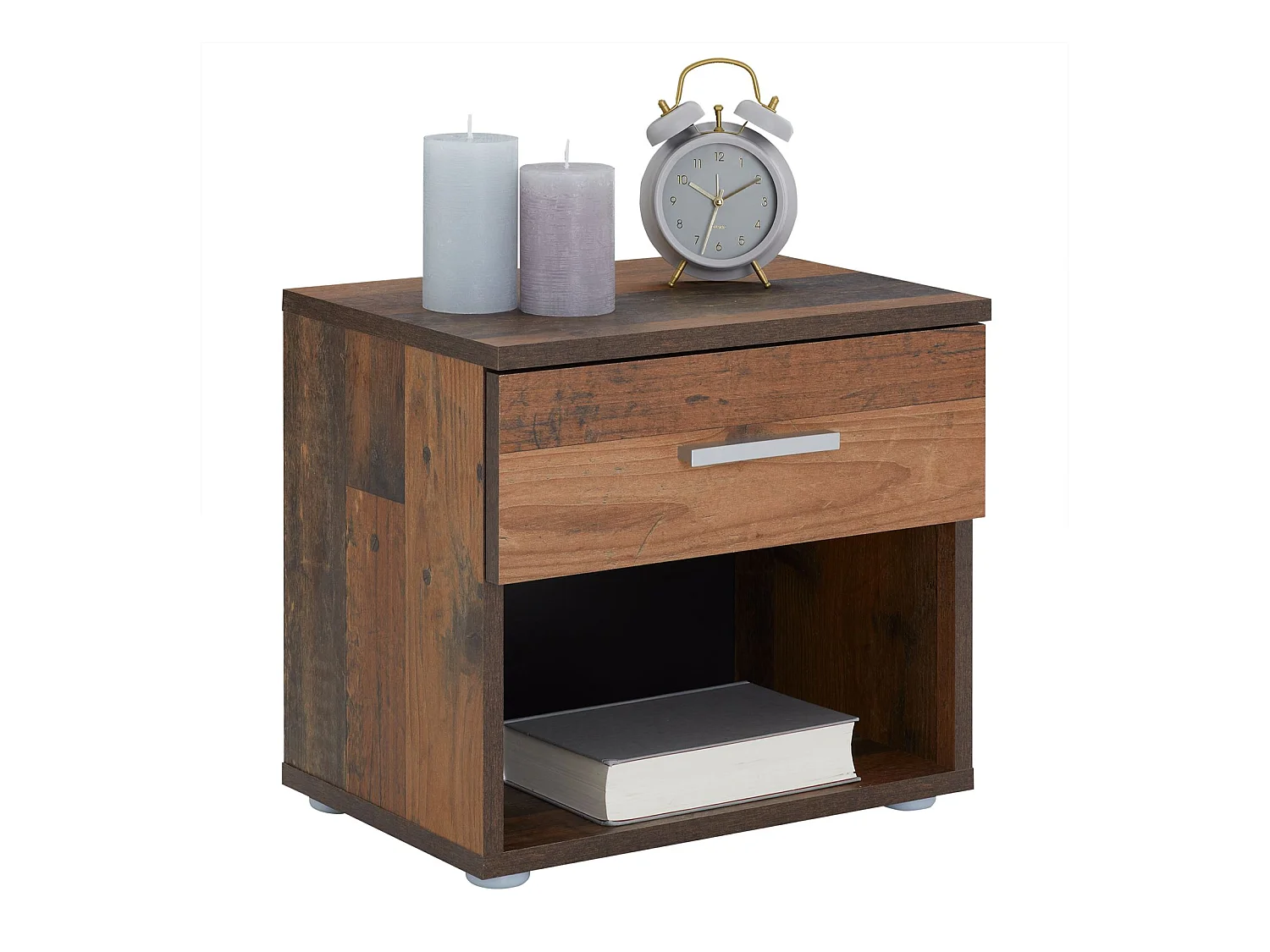 Table de chevet MAEL, table de nuit casier avec 1 tiroir et 1 niche, en mélaminé décor bois old style