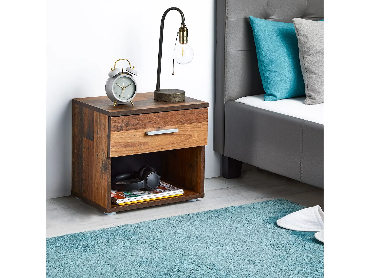 Table de chevet MAEL, table de nuit casier avec 1 tiroir et 1 niche, en mélaminé décor bois old style