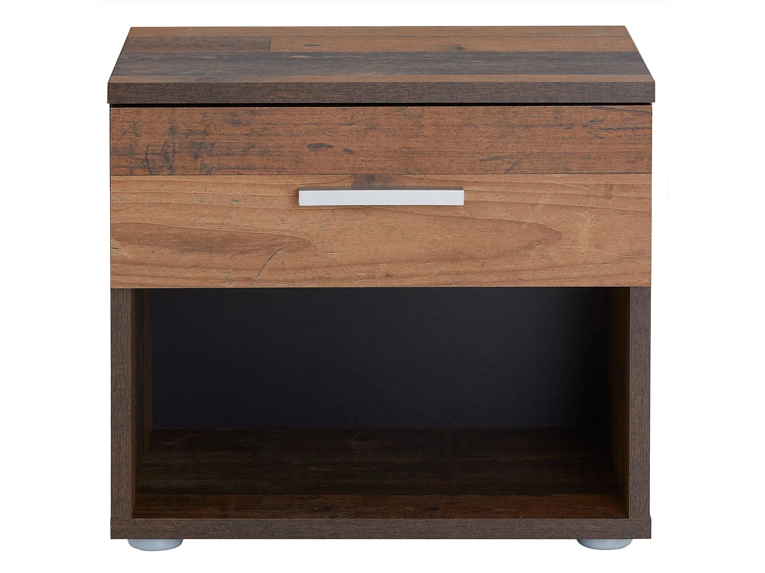 Table de chevet MAEL, table de nuit casier avec 1 tiroir et 1 niche, en mélaminé décor bois old style