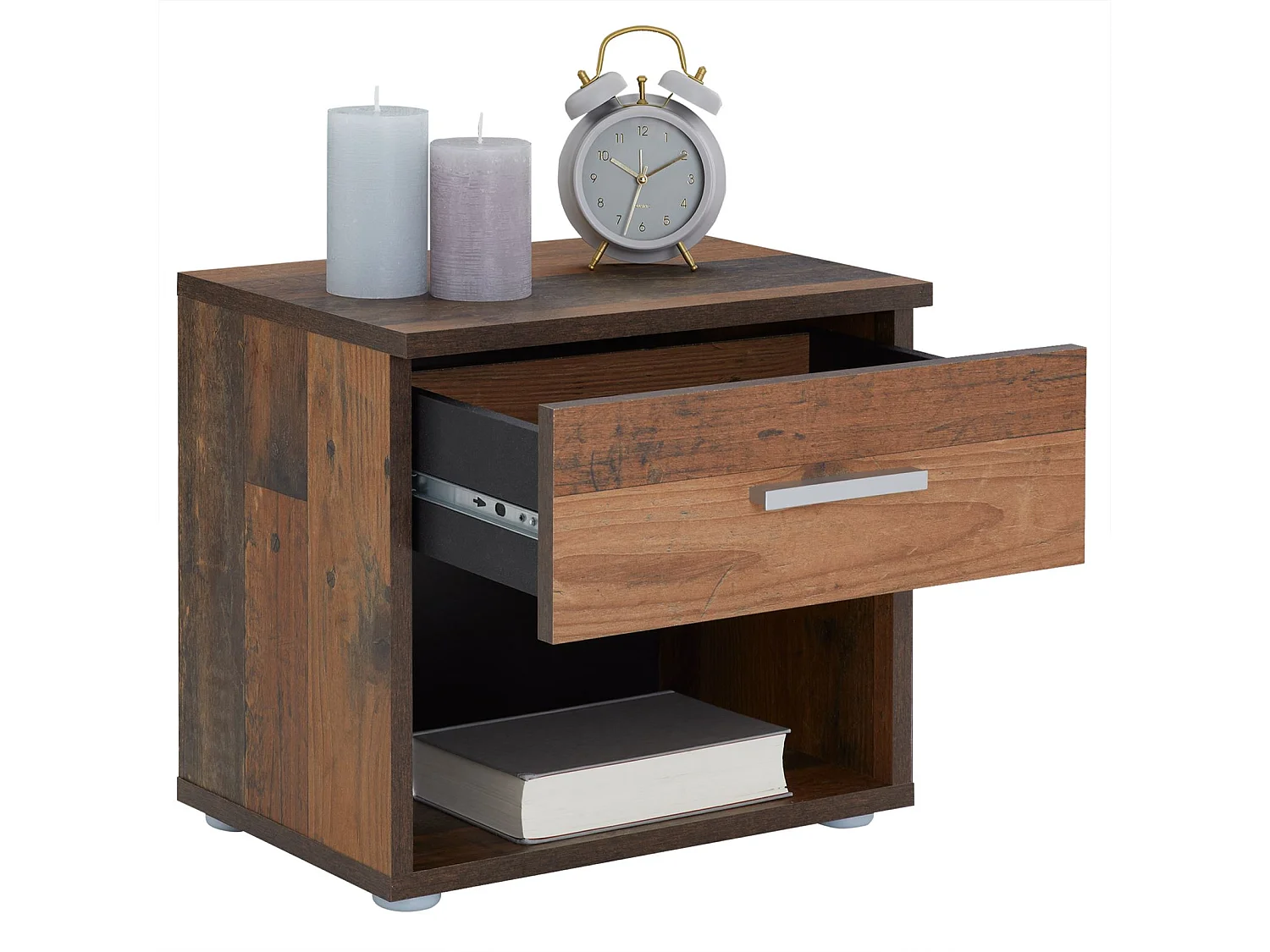 Table de chevet MAEL, table de nuit casier avec 1 tiroir et 1 niche, en mélaminé décor bois old style