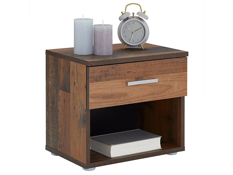 Table de chevet MAEL, table de nuit casier avec 1 tiroir et 1 niche, en mélaminé décor bois old style