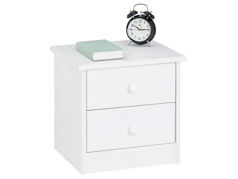 Table de chevet RONDO avec 2 tiroirs, table de nuit en pin massif, chevet en bois lasuré blanc
