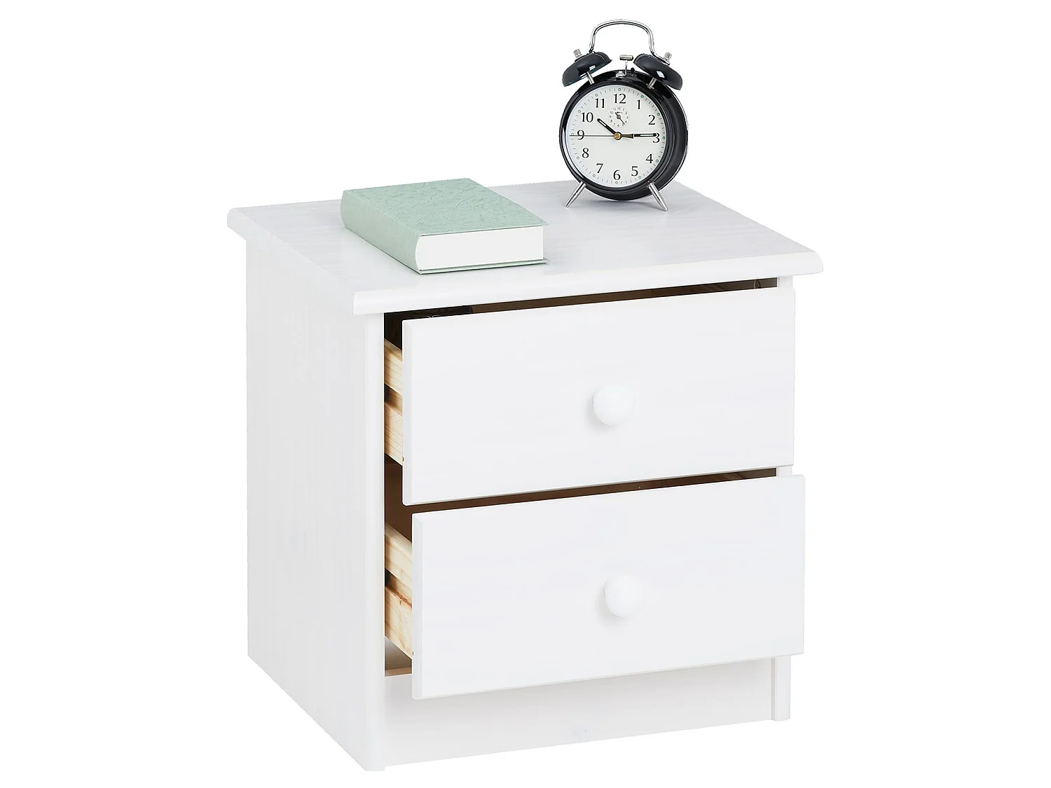 Table de chevet RONDO avec 2 tiroirs, table de nuit en pin massif, chevet en bois lasuré blanc