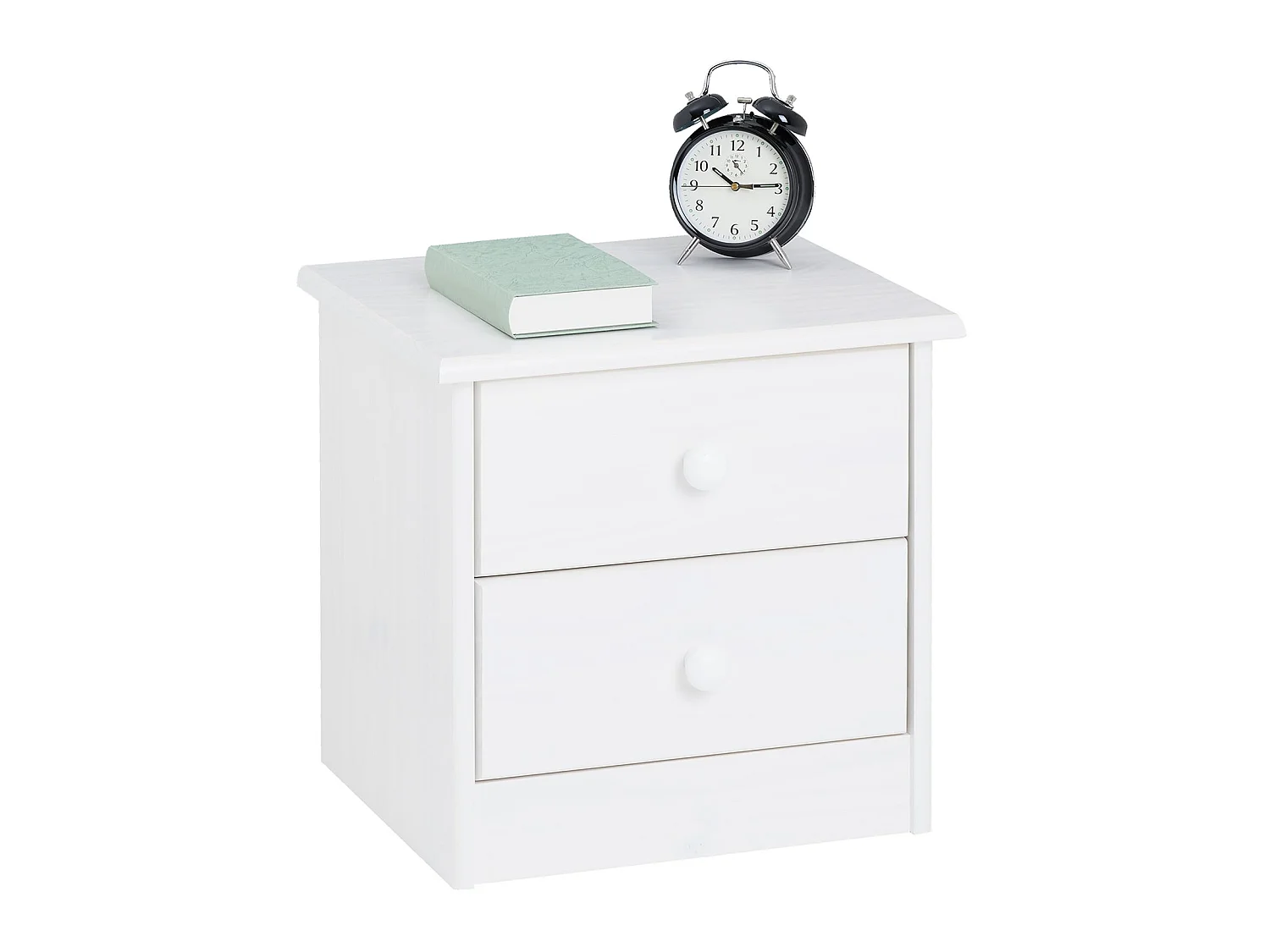 Table de chevet RONDO avec 2 tiroirs, table de nuit en pin massif, chevet en bois lasuré blanc