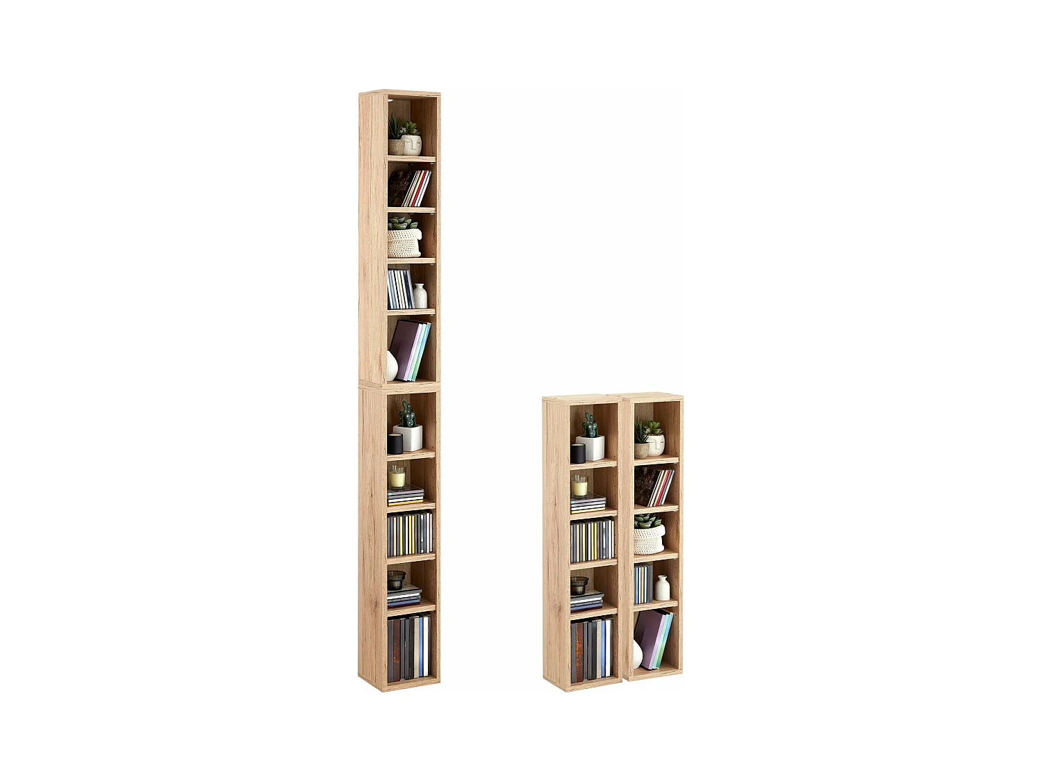 Etagères modulables MUSIQUE pour CD et DVD, lot de 2 meubles de rangement en colonne, 10 compartiments, en mélaminé chêne sanremo
