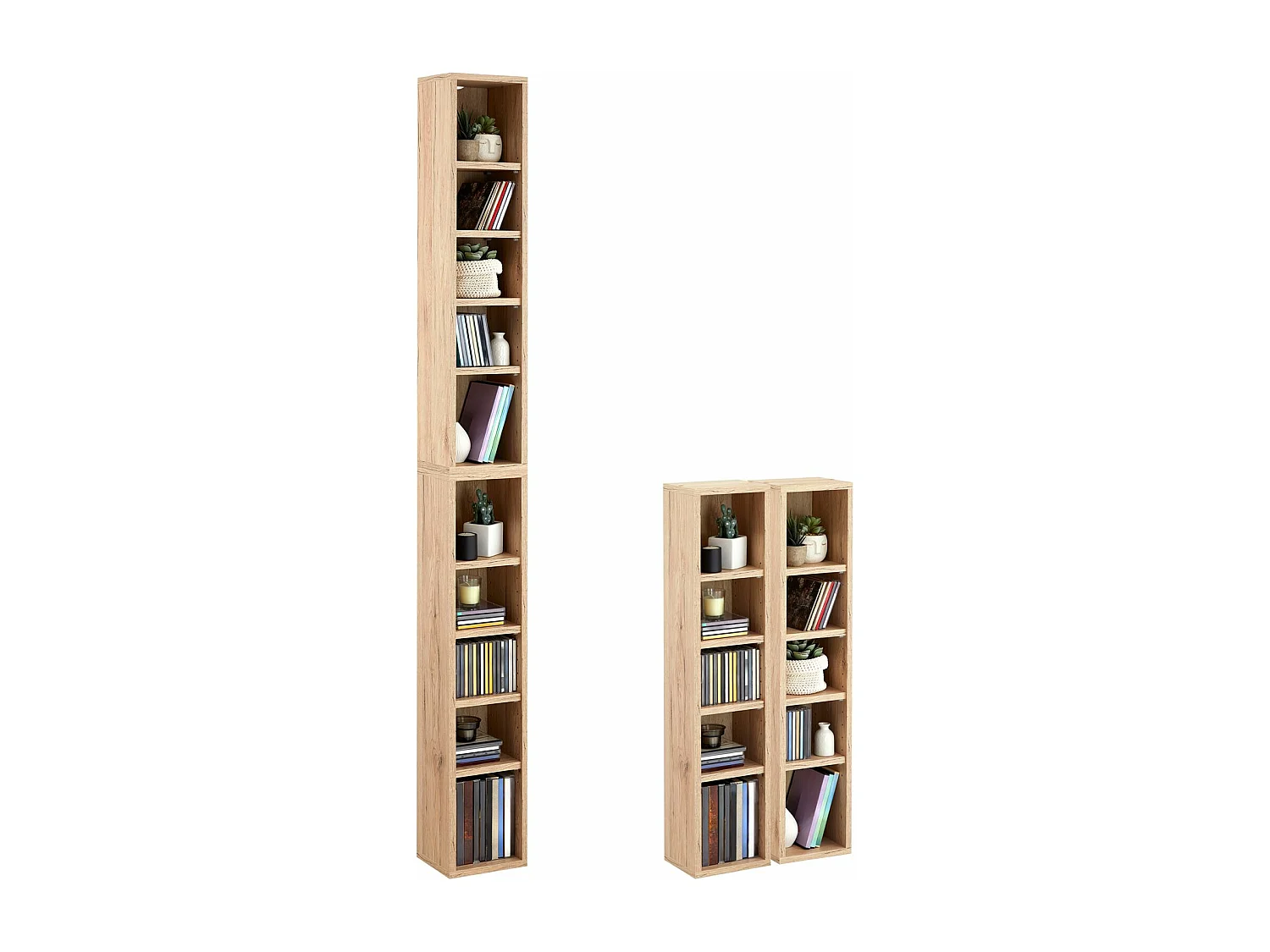 Etagères modulables MUSIQUE pour CD et DVD, lot de 2 meubles de rangement en colonne, 10 compartiments, en mélaminé chêne sanremo