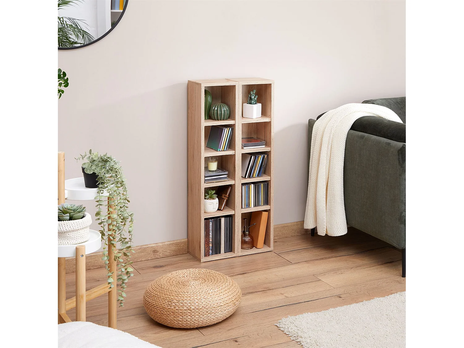 Etagères modulables MUSIQUE pour CD et DVD, lot de 2 meubles de rangement en colonne, 10 compartiments, en mélaminé chêne sanremo