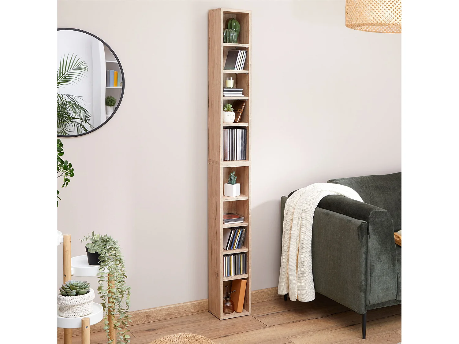 Etagères modulables MUSIQUE pour CD et DVD, lot de 2 meubles de rangement en colonne, 10 compartiments, en mélaminé chêne sanremo