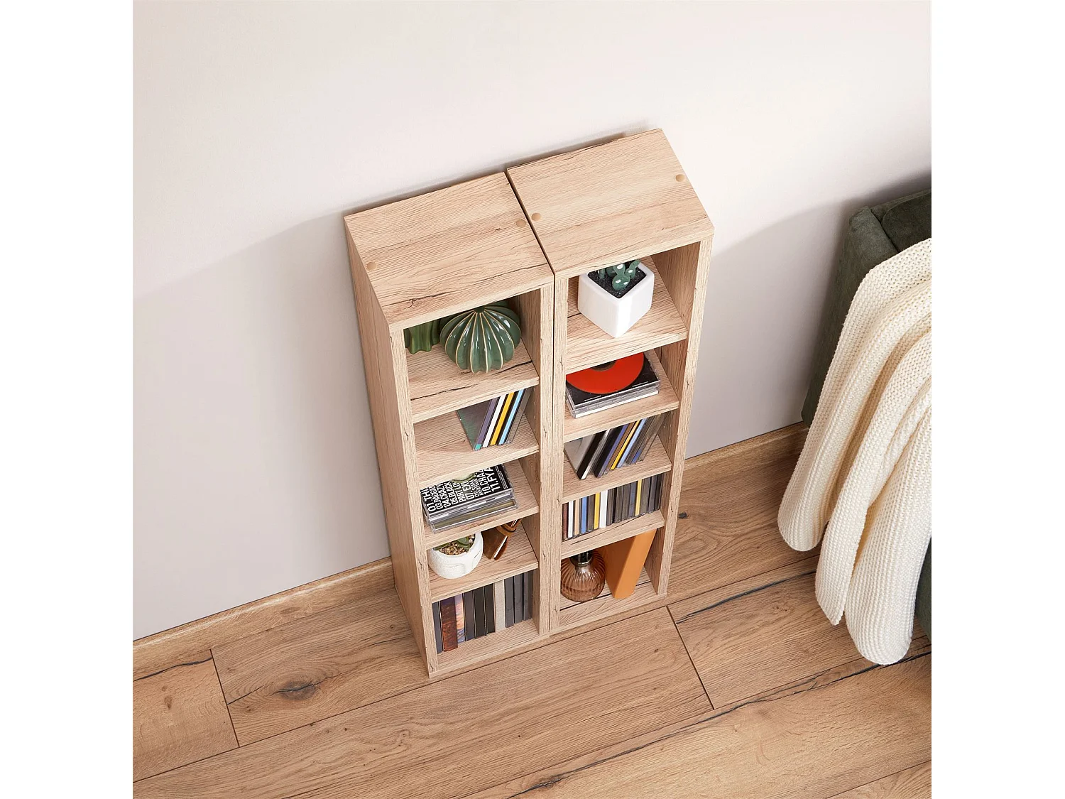 Etagères modulables MUSIQUE pour CD et DVD, lot de 2 meubles de rangement en colonne, 10 compartiments, en mélaminé chêne sanremo