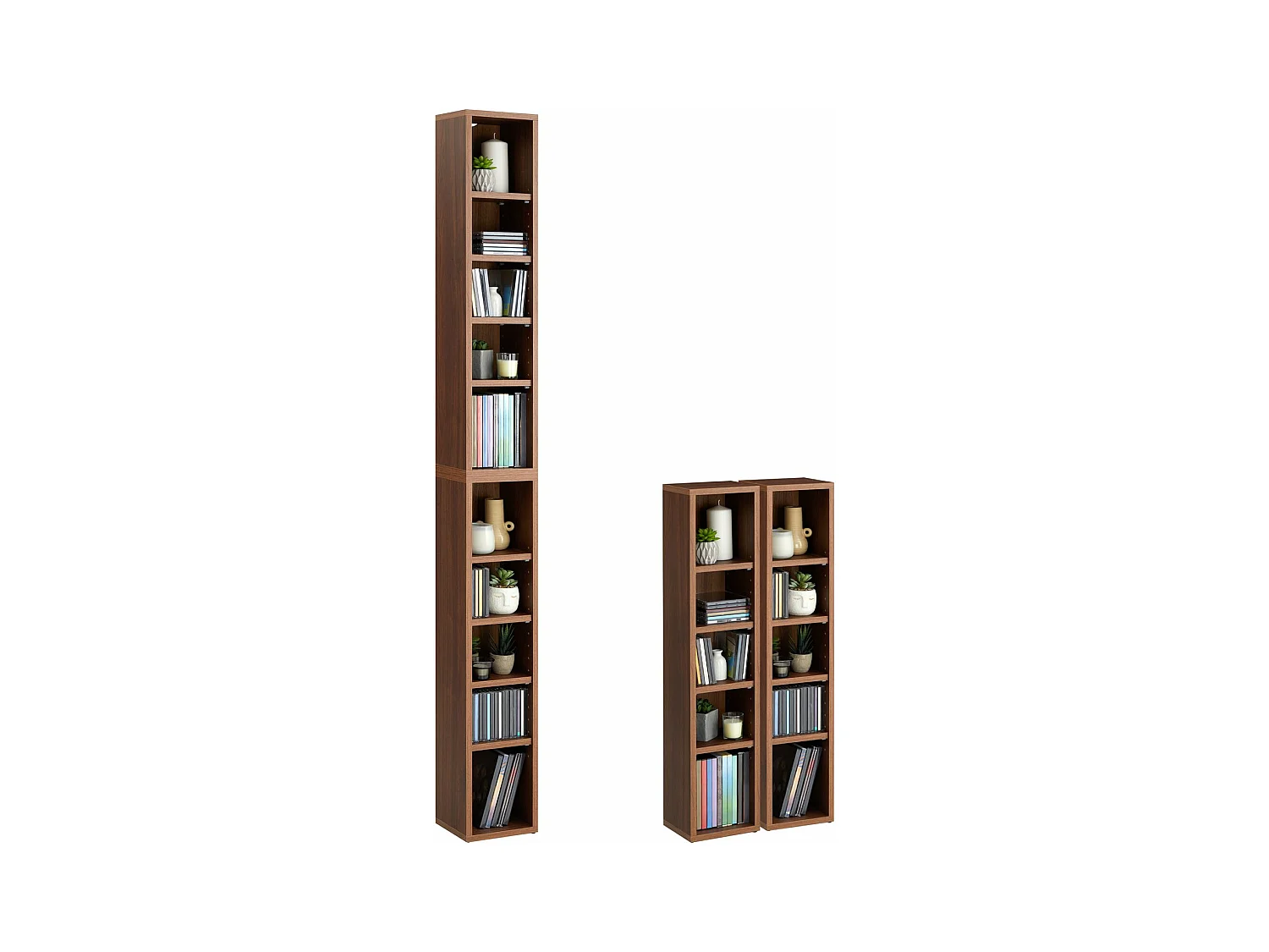Etagères modulables MUSIQUE pour CD et DVD, lot de 2 meubles de rangement en colonne avec 10 compartiments en mélaminé couleur noyer