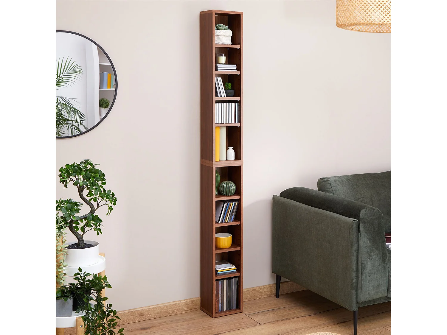 Etagères modulables MUSIQUE pour CD et DVD, lot de 2 meubles de rangement en colonne avec 10 compartiments en mélaminé couleur noyer