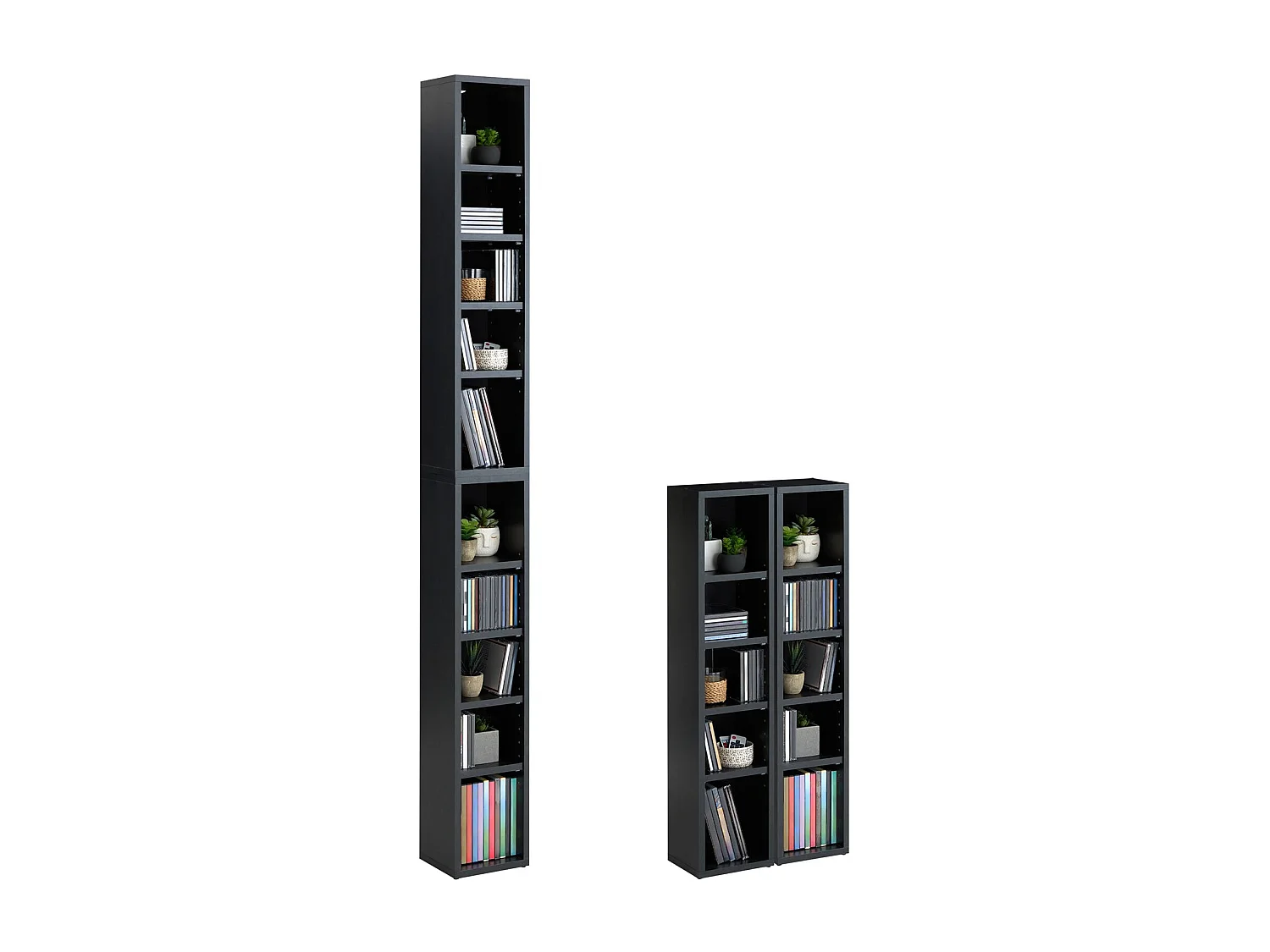 Etagères modulables MUSIQUE pour CD/DVD, lot de 2 meubles de rangement en colonne, 10 compartiments, en mélaminé décor béton foncé