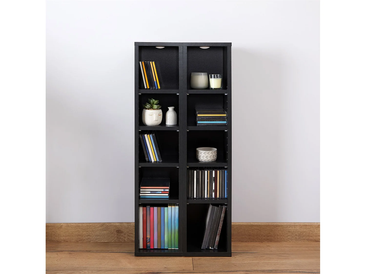 Etagères modulables MUSIQUE pour CD/DVD, lot de 2 meubles de rangement en colonne, 10 compartiments, en mélaminé décor béton foncé