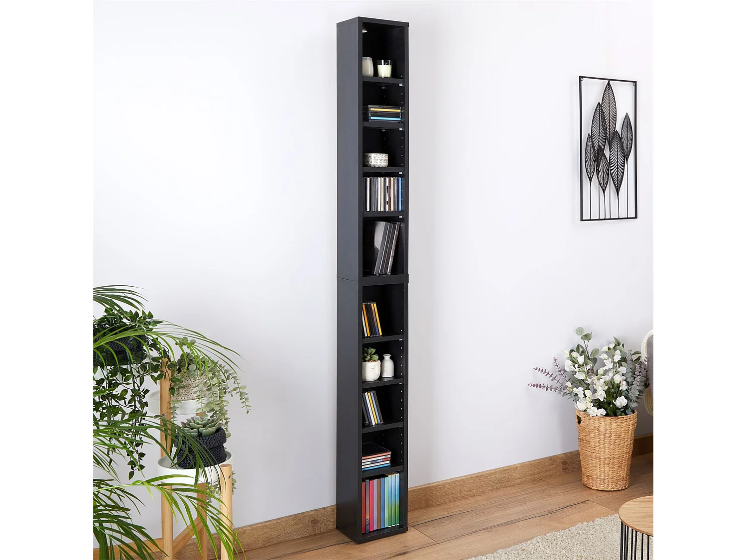 Etagères modulables MUSIQUE pour CD/DVD, lot de 2 meubles de rangement en colonne, 10 compartiments, en mélaminé décor béton foncé