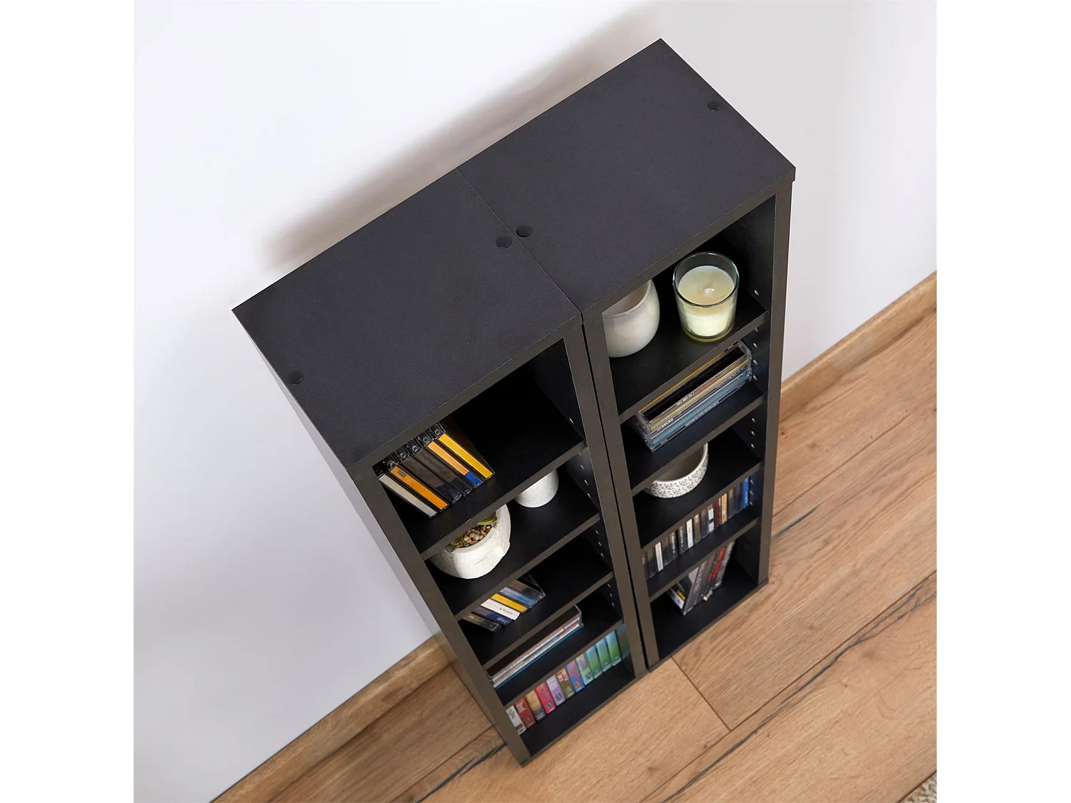 Etagères modulables MUSIQUE pour CD/DVD, lot de 2 meubles de rangement en colonne, 10 compartiments, en mélaminé décor béton foncé