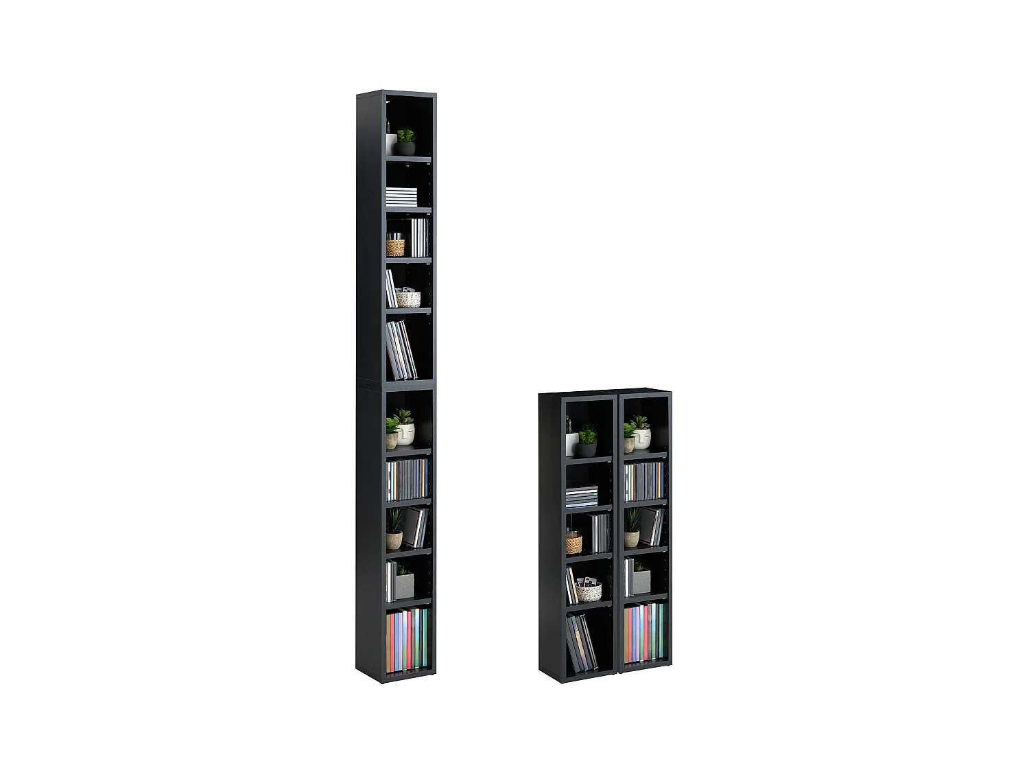Etagères modulables MUSIQUE pour CD/DVD, lot de 2 meubles de rangement en colonne, 10 compartiments, en mélaminé décor béton foncé