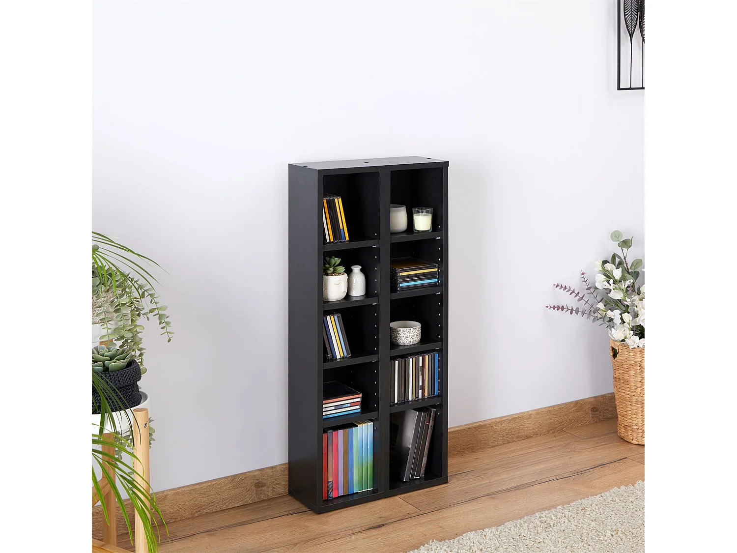 Etagères modulables MUSIQUE pour CD/DVD, lot de 2 meubles de rangement en colonne, 10 compartiments, en mélaminé décor béton foncé