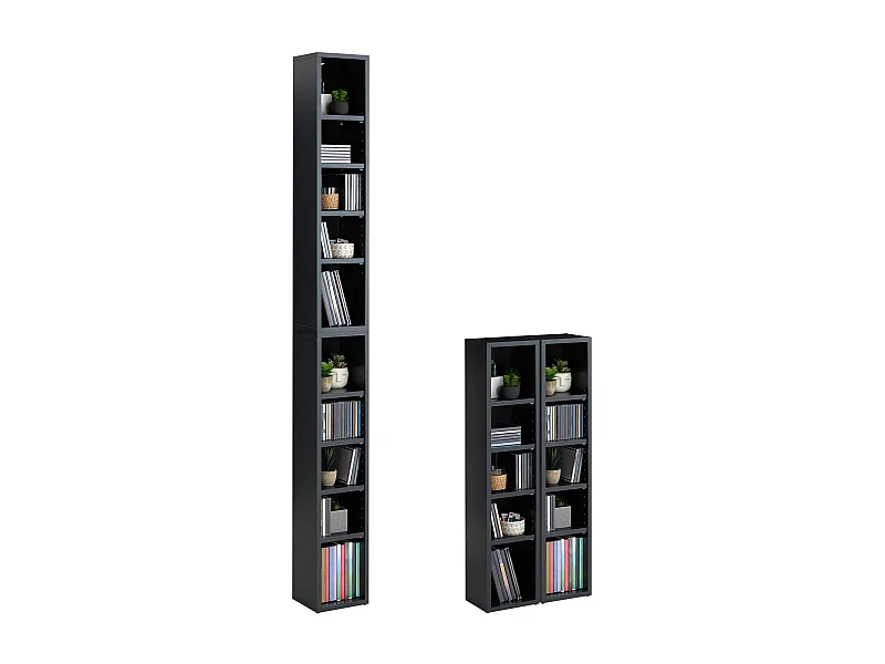 Etagères modulables MUSIQUE pour CD/DVD, lot de 2 meubles de rangement en colonne, 10 compartiments, en mélaminé décor béton foncé