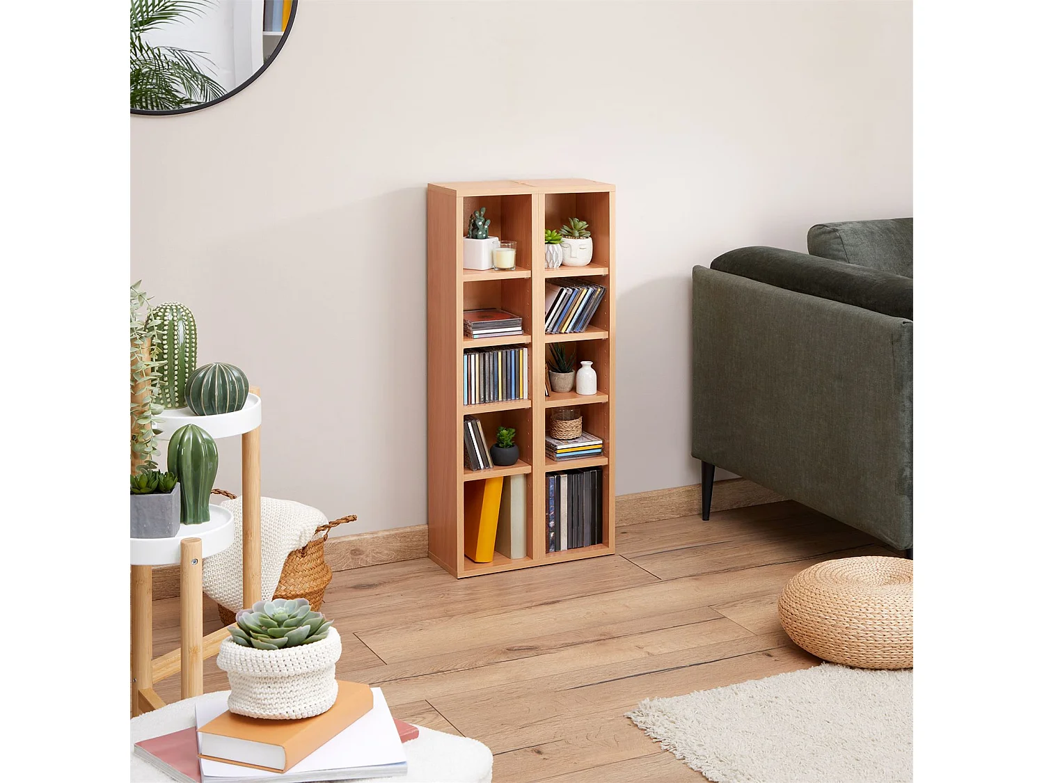 Etagères modulables MUSIQUE pour CD et DVD, lot de 2 meubles de rangement en colonne avec 10 compartiments en mélaminé couleur hêtre