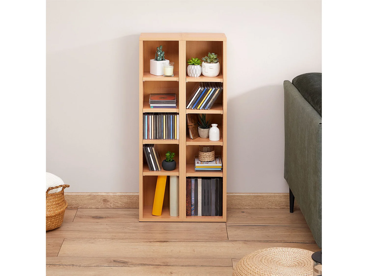 Etagères modulables MUSIQUE pour CD et DVD, lot de 2 meubles de rangement en colonne avec 10 compartiments en mélaminé couleur hêtre